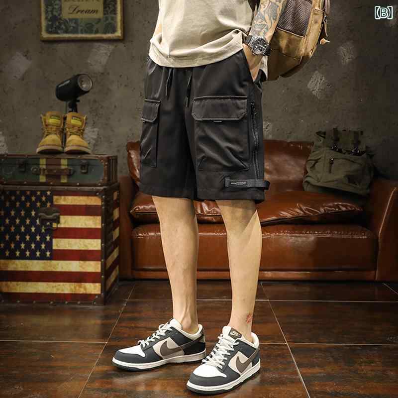 メンズ 男性用 ファッション オシャレ シンプル 大人 かっこいい ストリート ヒップホップ HipHop 夏 アイスシルク カーゴ 速乾 アメリカン ゆったり バスケットボール スポーツ カジュアル ハーフ ミディアム パンツ