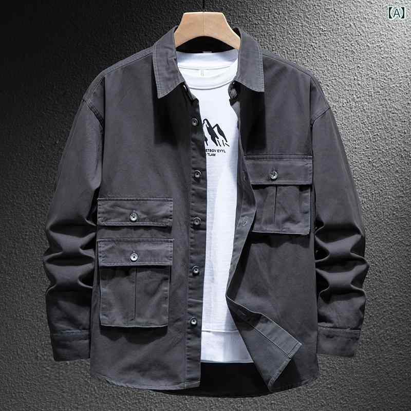 メンズ 男性用 ファッション オシャレ シンプル 大人 かっこいい ストリート ヒップホップ HipHop アメリカン レトロ ダメージ 加工 ワークシャツ ジャケット 長袖 春秋 ゆったり 大きいサイズ アウトドア ジャケット