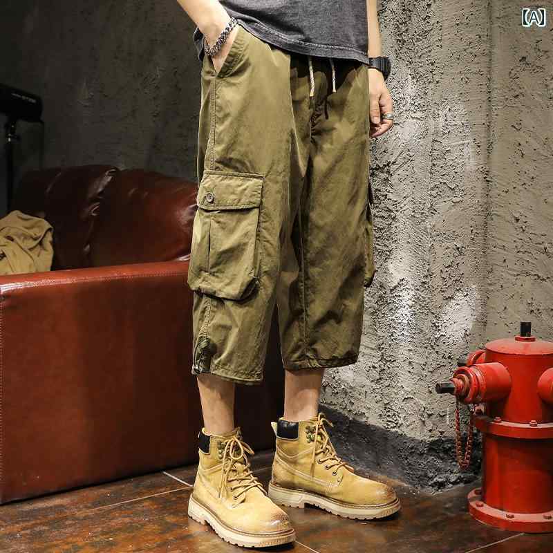 Rakuten - メンズ 男性用 ファッション オシャレ シンプル 大人 かっこいい ストリート ヒップホップ HipHop アメリカンン ワークウェア クロップド パンツ 夏 薄手 ルーズ ストレート ショーツ マルチ ポケット ハーレム パンツ
