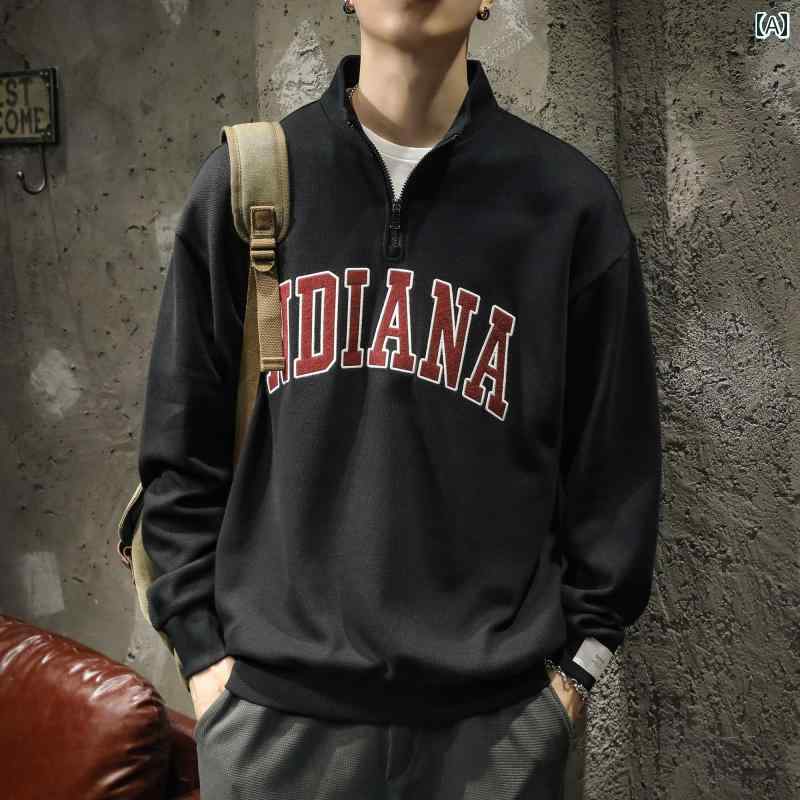 メンズ 男性用 ファッション オシャレ シンプル 大人 かっこいい ストリート ヒップホップ HipHop アメリカン ヘビーウェイト ポロ カラー スウェット シャツ ゆったり 大きいサイズ 春秋 ハーフ ジップ 長袖 トップス