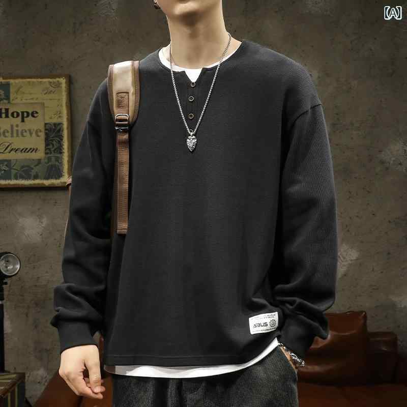 メンズ 男性用 ファッション オシャレ シンプル 大人 かっこいい ストリート ヒップホップ HipHop アメリカンン リート ヘンリー カラー スウェット シャツ 長袖 T シャツ 秋　冬 綿 コットン ヘビー ジャケット