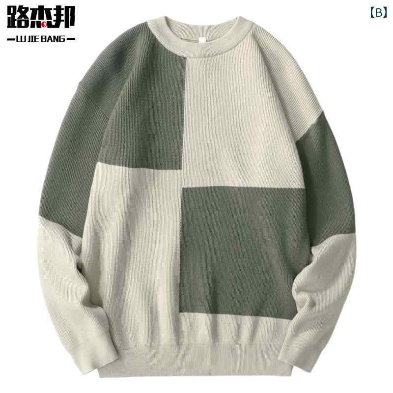 メンズ 男性用 ファッション オシャレ シンプル 大人 かっこいい ストリート ヒップホップ HipHop 秋冬 チェック柄 ラウンドネック セーター ルーズ ジャケット ベース レイヤー ニット セーター