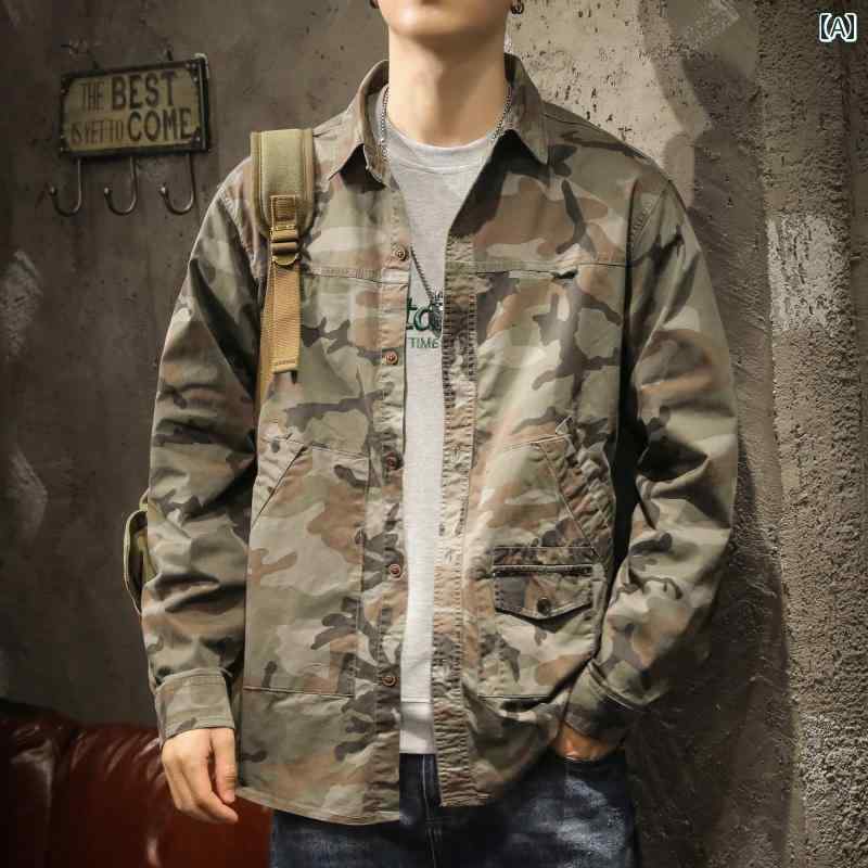 メンズ 男性用 ファッション オシャレ シンプル 大人 かっこいい ストリート ヒップホップ HipHop ミリタリースタイル アウトドア 迷彩 ワークジャケット 春秋 アメリカン レトロ ヘビーウェイト ルーズ スポーツ ジャケット 秋