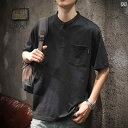 メンズ 男性用 ファッション オシャレ シンプル 大人 かっこいい ストリート ヒップホップ HipHop アメリカン ヘンリー カラ半袖 T シャツ 夏 ヘビー ルーズ 大きいサイズ T シャツ ラウンドネック ボトムス シャツ
