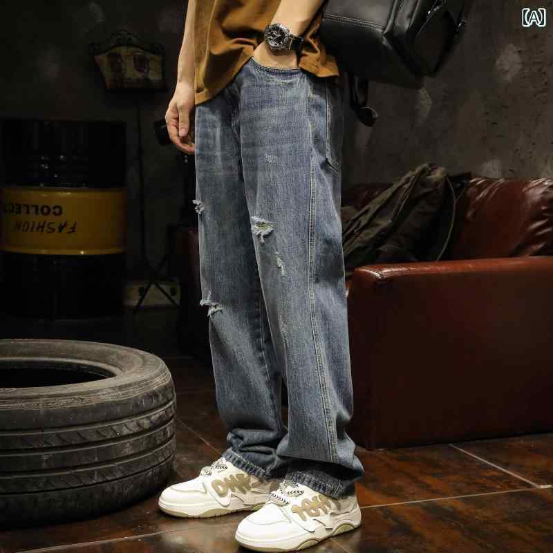 メンズ 男性用 ファッション オシャレ シンプル 大人 かっこいい ストリート ヒップホップ HipHop ジーンズ 春 レトロ ルーズ ストレート カジュアル サイズ ワイド レッグ パンツ