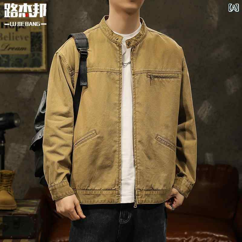 牛仔布夾克 - メンズ 男性用 ファッション オシャレ シンプル 大人 かっこいい ストリート ヒップホップ HipHop アメリカン レトロ スタンドカラー デニム ジャケット 春秋 ゆったり 大きいサイズ ワークジャケット