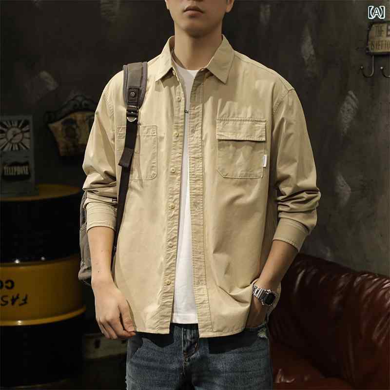 メンズ 男性用 ファッション オシャレ シンプル 大人 かっこいい ストリート ヒップホップ HipHop カーキ ワークシャツ 春秋 カジュアル ジャケット マルチ ポケット 長袖 シャツ