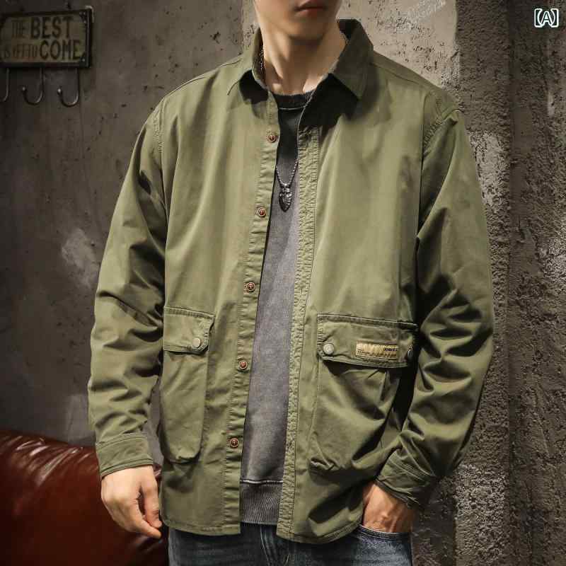 メンズ 男性用 ファッション オシャレ シンプル 大人 かっこいい ストリート ヒップホップ HipHop アメリカン ヘビーウェイト レトロ ワークウェア ジャケット 秋 ルーズ ビッグ ポケット ジャケット