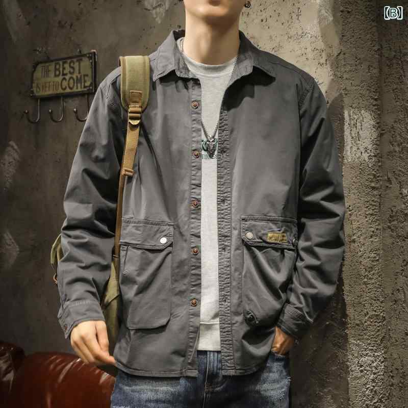 リコットのメンズ 男性用 ファッション オシャレ シンプル 大人 かっこいい ストリート ヒップホップ HipHop アメリカン ヘビーウェイト レトロ ワークウェア ジャケット 秋 ルーズ ビッグ ポケット ジャケット｜アングル2