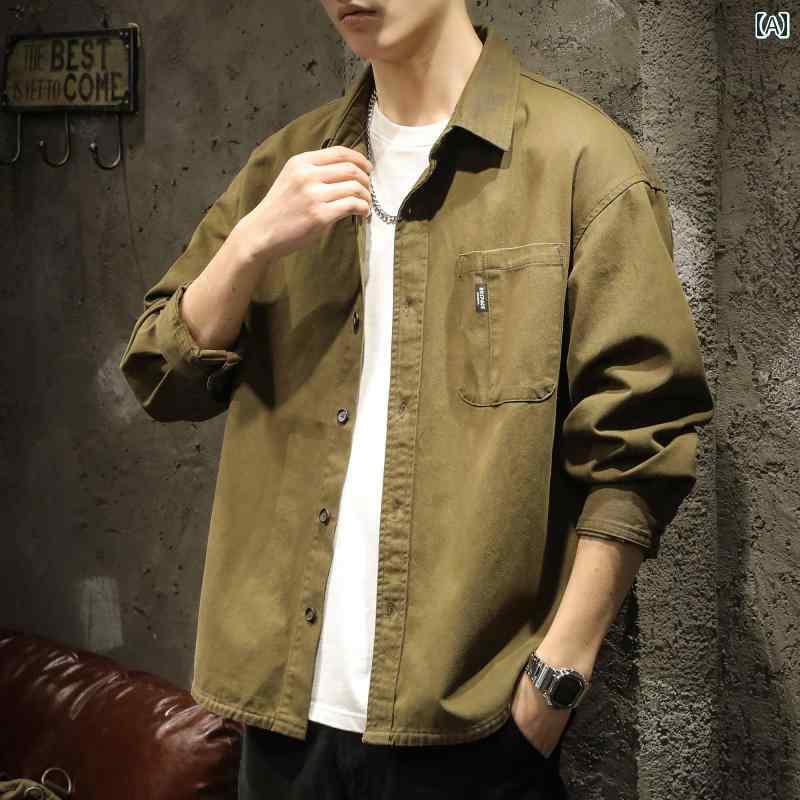 メンズ 男性用 ファッション オシャレ シンプル 大人 かっこいい ストリート ヒップホップ HipHop レトロ ワークシャツ ゆったり 大きいサイズ 春秋 長袖 カジュアル ジャケット シャツ