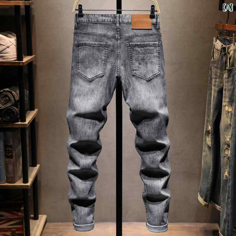 乐天商城 - メンズ 男性用 ファッション オシャレ シンプル 大人 かっこいい ストリート ヒップホップ HipHop グレー ジーンズ カジュアル スリムフィット パンツ 夏 薄手