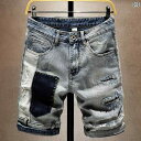 メンズ 男性用 ファッション オシャレ シンプル 大人 かっこいい ストリート ヒップホップ HipHop デニム ショート パンツ パッチワーク ストレッチ パッチ 夏 薄手 ストレート レッグ パンツ
