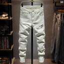 メンズ 男性用 ファッション オシャレ シンプル 大人 かっこいい ストリート ヒップホップ HipHop ハイ ストリート ホワイト ジーンズ アメリカン バイク 夏 薄型 ストレッチ スリムフィット パンツ
