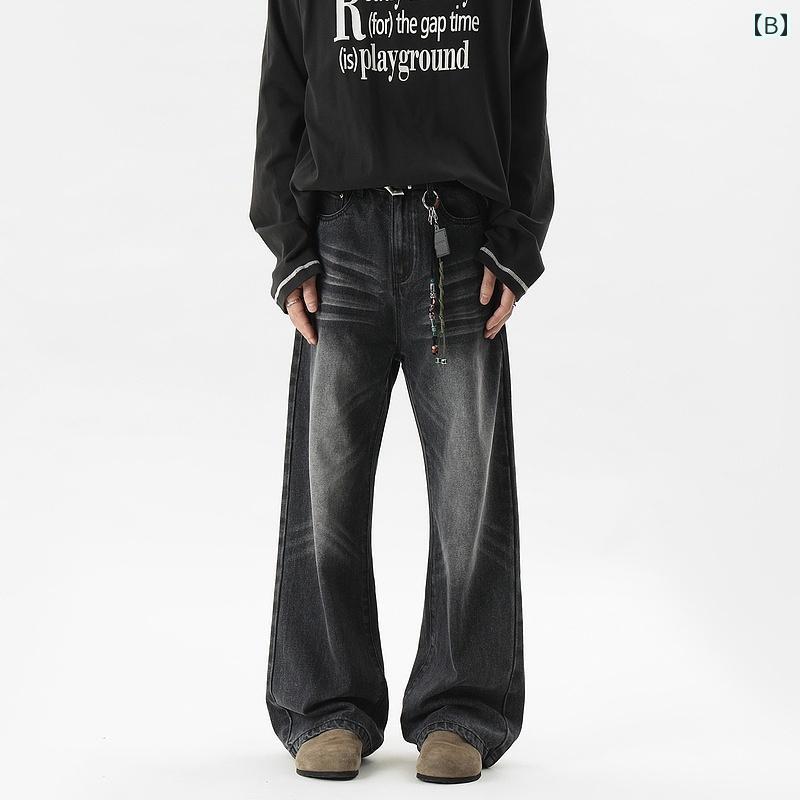 メンズ ファッション 服 用 オシャレ シンプル 大人 かっこいい 大きいサイズ ストリート 紳士服 アメリカン クリーン フィット ウォッシュ ストレート ジーンズ ワイドレッグ パンツ
