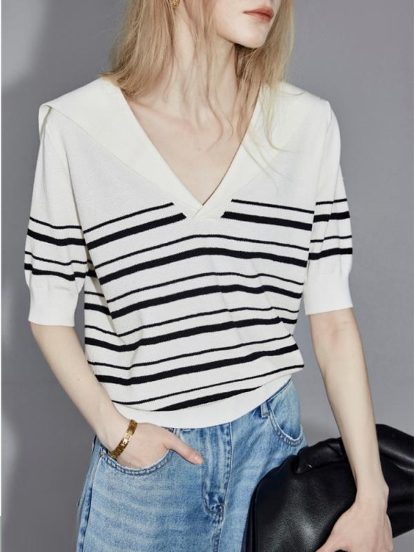 春 コーデ レディース ファッション オシャレ カワイイ シンプル きれいめ ナチュラル 上品カジュアル 婦人服 ストライプ Vネック 半袖 セーター 薄手 ゆったり スリム シャツ トップス