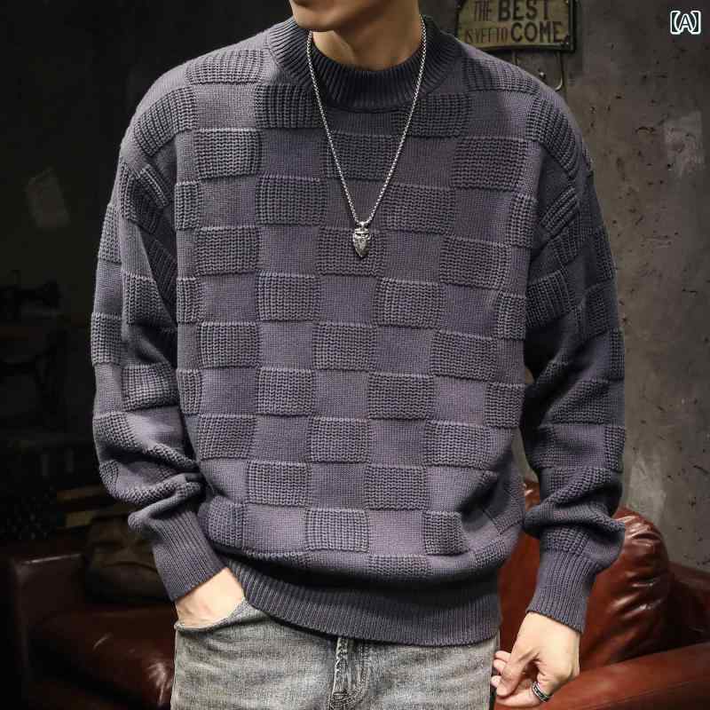 メンズ 男性用 ファッション オシャレ シンプル 大人 かっこいい ストリート ヒップホップ HipHop アメリカン セーター 冬 チェック柄 ラウンドネック レトロ プルオーバー 長袖 シャツ