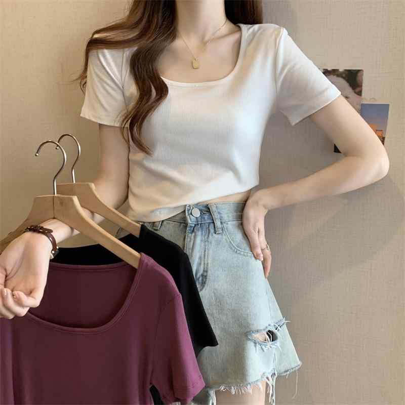 Garments - 春 コーデ レディース ファッション オシャレ カワイイ シンプル きれいめ ナチュラル 上品カジュアル 婦人服 ソリッドカラー スレッド 半袖 Tシャツ 夏 スリムフィット ラウンドネック トップス