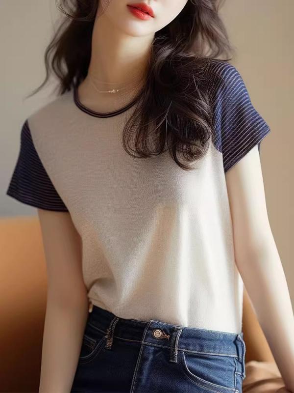 春 コーデ レディース ファッション オシャレ カワイイ シンプル きれいめ ナチュラル 上品カジュアル 婦人服 トップス ストライプ ニット 半袖 Tシャツ