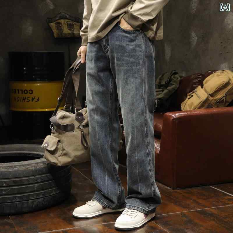 Rakuten - メンズ 男性用 ファッション オシャレ シンプル 大人 かっこいい ストリート ヒップホップ HipHop ブルー ジーンズ 春 ルーズ ストレート アメリカンン レトロ ハイ ストリート カジュアル パンツ スタイル
