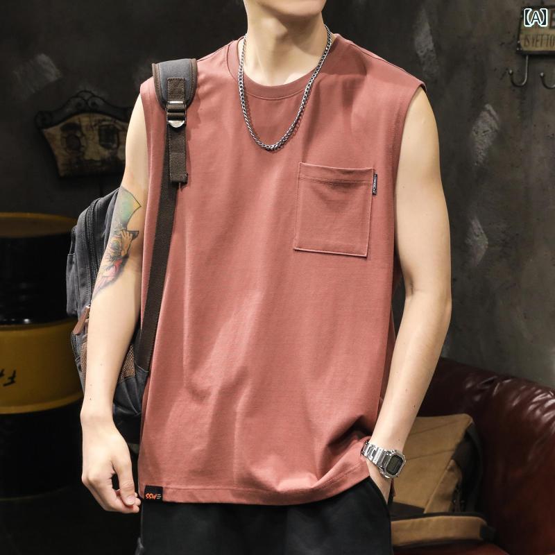 メンズ 男性用 ファッション オシャレ シンプル 大人 かっこいい ストリート ヒップホップ HipHop ベスト 夏 220 グラム ヘビー コットンプリント ポケット ノースリーブ T シャツ フィットネス スポーツ 半袖 チョッキ