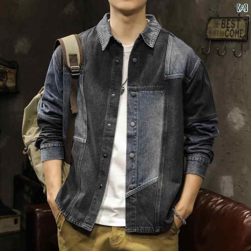 乐天商城 - メンズ 男性用 ファッション オシャレ シンプル 大人 かっこいい ストリート ヒップホップ HipHop デニム 長袖 シャツ 春秋 アメリカンン レトロ シャツ ジャケット 服