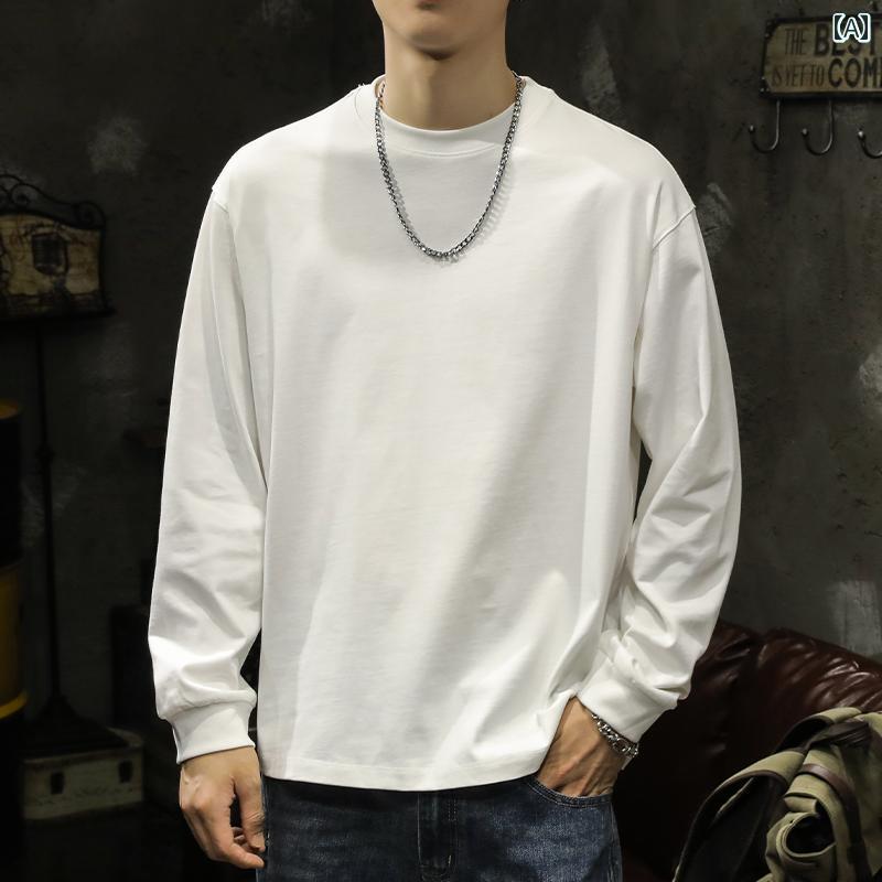 メンズ 男性用 ファッション オシャレ シンプル 大人 かっこいい ストリート ヒップホップ HipHop 260グラム 厚手 綿 ボトリング シャツ 長袖 T シャツ 春秋 ルーズ 白 トレーナー トップス 服