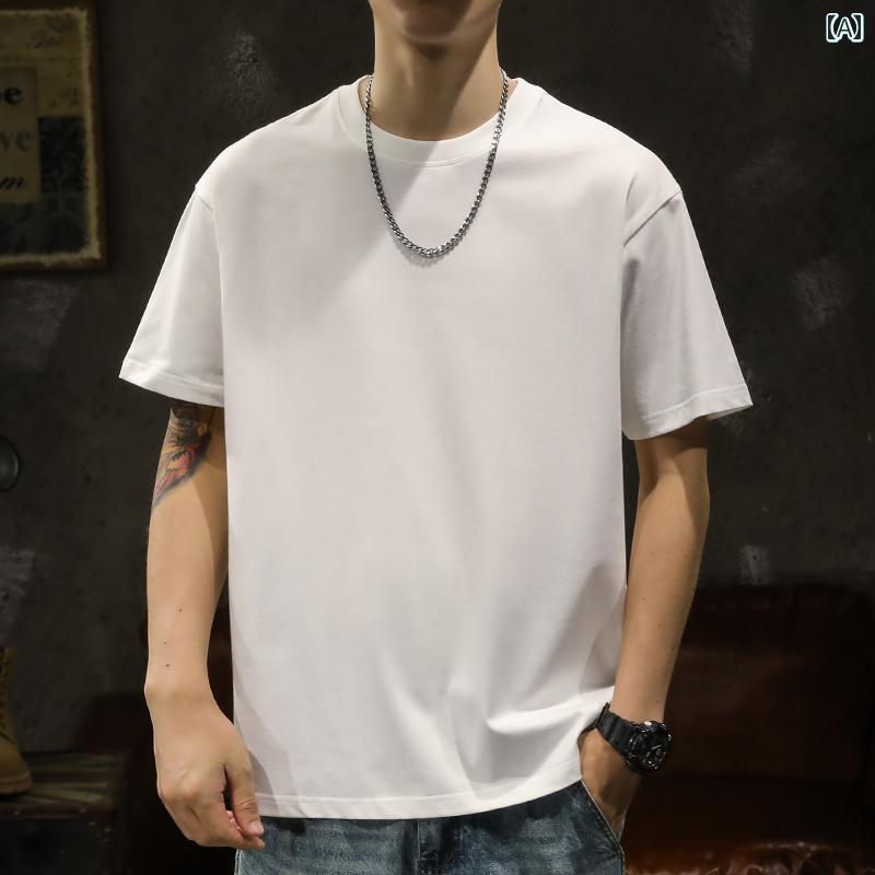 乐天商城 - メンズ 男性用 ファッション オシャレ シンプル 大人 かっこいい ストリート ヒップホップ HipHop 260 グラム 白 半袖 T シャツ 夏 ルーズ ラウンドネック 白 ボトム シャツ 半袖 T シャツ 紳士服