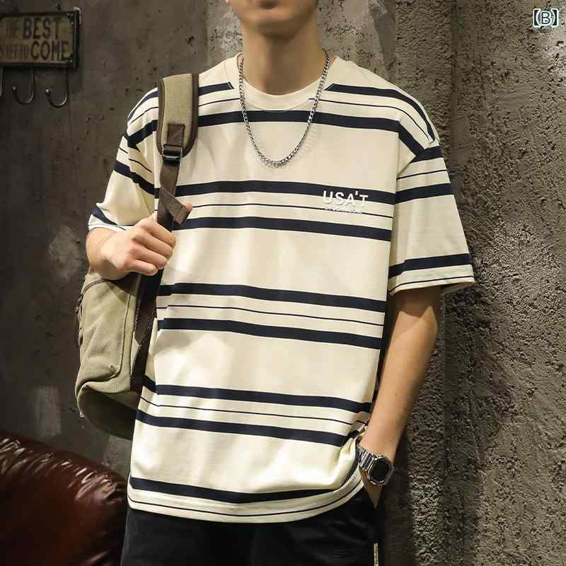 メンズ 男性用 ファッション オシャレ シンプル 大人 かっこいい ストリート ヒップホップ HipHop 夏 半袖 T シャツ アメリカンン 白 黒 ストライプ T シャツ ラウンドネック カジュアル 半袖