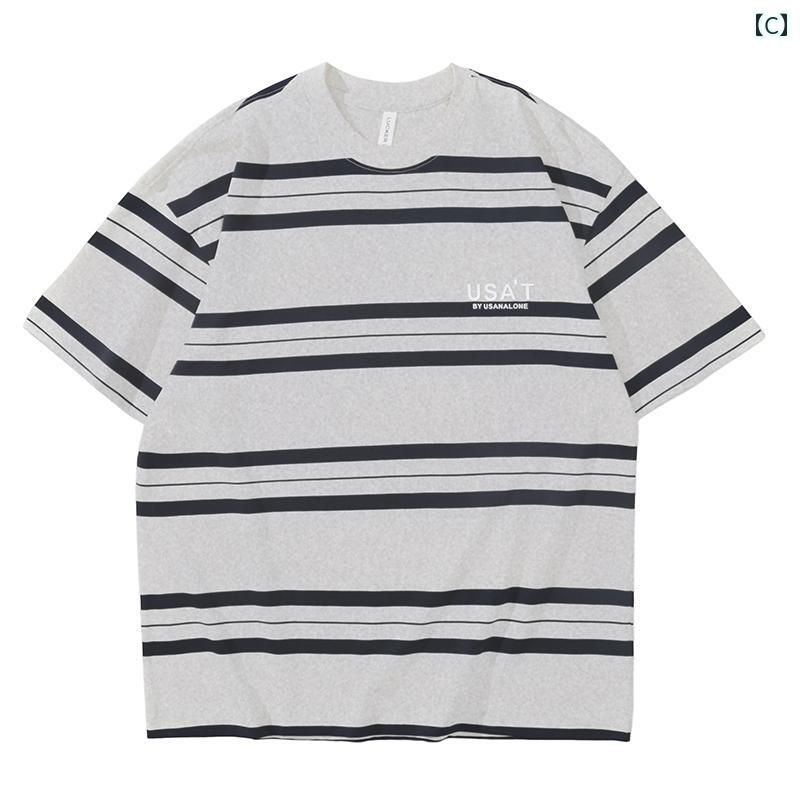 メンズ 男性用 ファッション オシャレ シンプル 大人 かっこいい ストリート ヒップホップ HipHop 夏 半袖 T シャツ アメリカンン 白 黒 ストライプ T シャツ ラウンドネック カジュアル 半袖