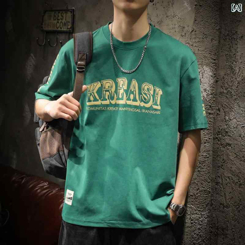 メンズ 男性用 ファッション オシャレ シンプル 大人 かっこいい ストリート ヒップホップ HipHop アメリカンン ストリート ヘビーウェイト 半袖 T シャツ 夏 グラス グリーン プリントコットン 半袖 T シャツ