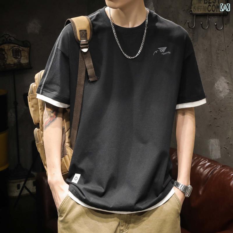 メンズ 男性用 ファッション オシャレ シンプル 大人 かっこいい ストリート ヒップホップ HipHop フェイク ツーピース 半袖 T シャツ 夏 アメリカンン ヘビーウェイト イン 紙 飛行機 プリント ルーズ ラウンドネック 綿 コットン T シャツ