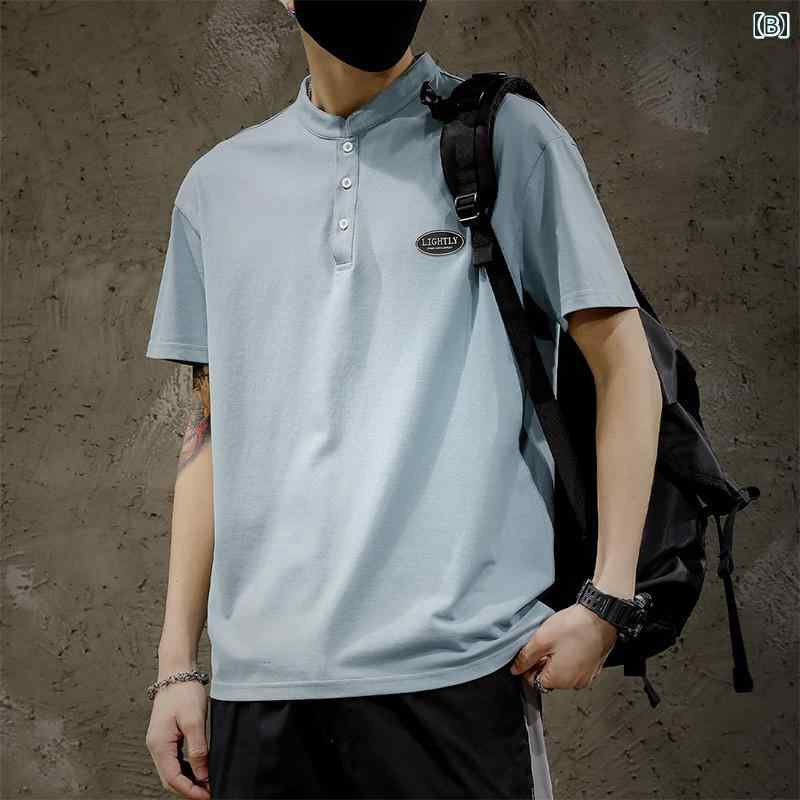 メンズ 男性用 ファッション オシャレ シンプル 大人 かっこいい ストリート ヒップホップ HipHop 半袖 T シャツ 夏 ホワイト 半袖 T シャツ スタンドカラー ポロシャツ トップ