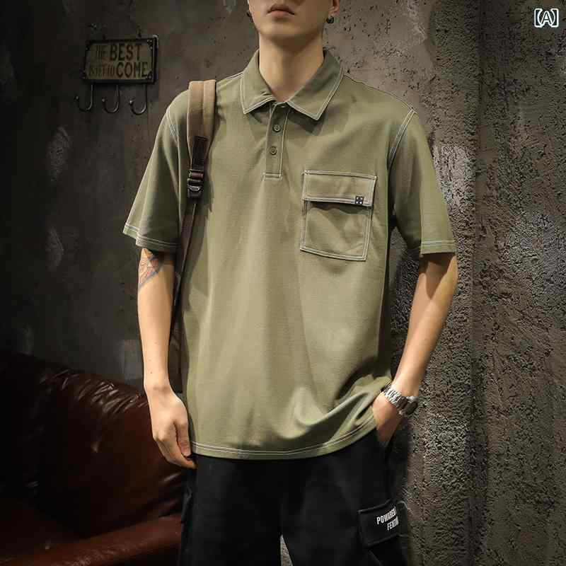 メンズ 男性用 ファッション オシャレ シンプル 大人 かっこいい ストリート ヒップホップ HipHop アメリカンン ハイ ストリート ポロ 半袖 ゆったり 大きいサイズ 夏 五分袖 T シャツ