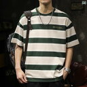 メンズ 男性用 ファッション オシャレ シンプル 大人 かっこいい ストリート ヒップホップ HipHop 夏 半袖 Tシャツ 夏 ヘビーウェイト 綿 コットン ルーズ ストライプ Tシャツ 半袖