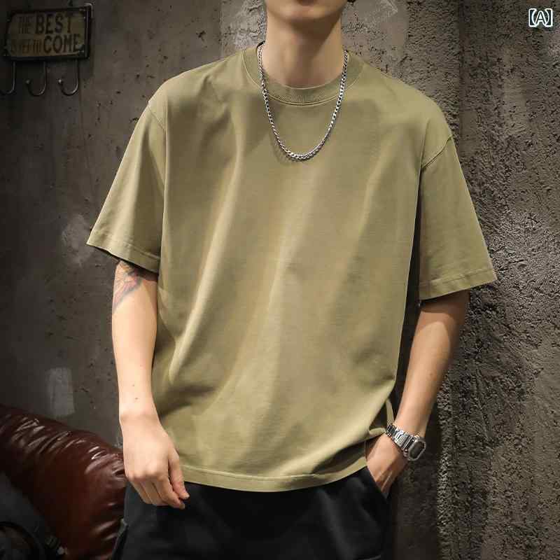 T-Shirts - メンズ 男性用 ファッション オシャレ シンプル 大人 かっこいい ストリート ヒップホップ HipHop アメリカンン ヘビーウェイト コットン T シャツ 半袖 ゆったり 大きいサイズ 夏 無地 五分袖 T シャツ