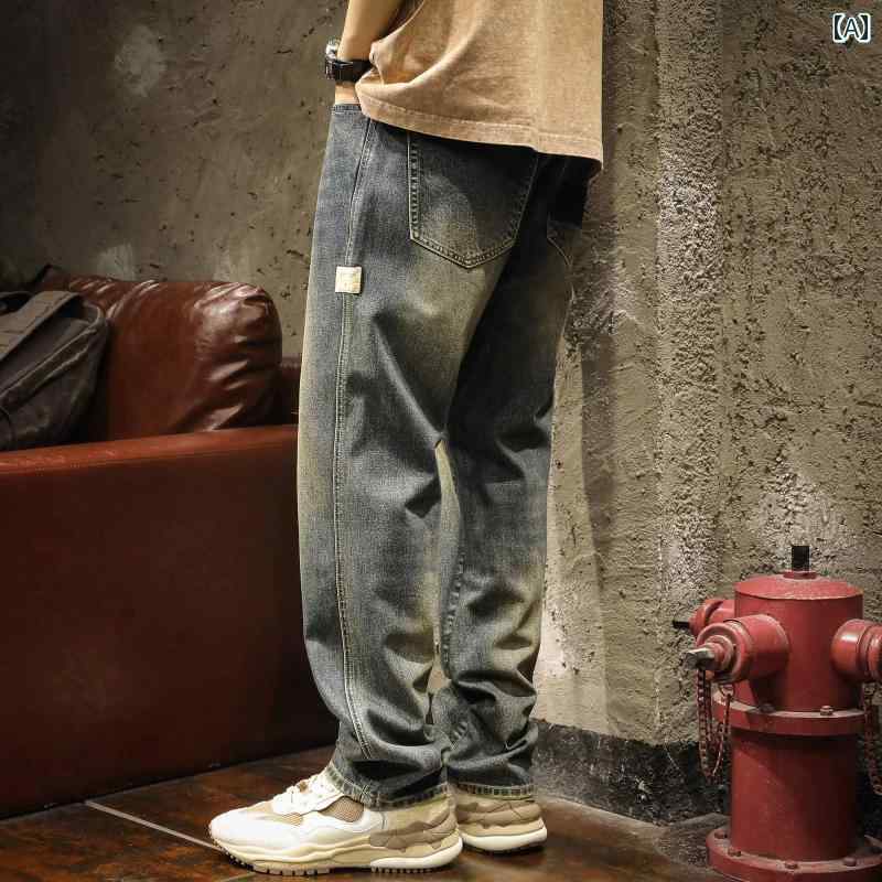 乐天商城 - メンズ 男性用 ファッション オシャレ シンプル 大人 かっこいい ストリート ヒップホップ HipHop アメリカンン ハイ ストリート ウォッシュ 加工 ダメージ ジーンズ イン 春秋 ルーズ ストレート ワイド レッグ ロング パンツ