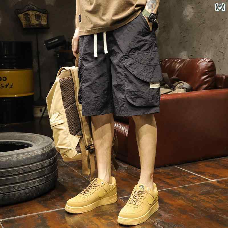 Rakuten - メンズ 男性用 ファッション オシャレ シンプル 大人 かっこいい ストリート ヒップホップ HipHop アイスシルク 速乾 カーゴ パンツ 夏 ルーズ ストレート ハーフ ズボン アメリカンン フィットネス スポーツ カジュアル パンツ