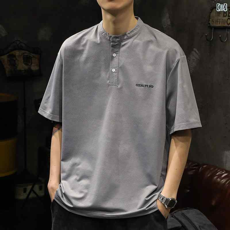 メンズ 男性用 ファッション オシャレ シンプル 大人 かっこいい ストリート ヒップホップ HipHop 夏 アメリカンン ハーフ タートルネック 半袖 T シャツ アイスシルク 迷彩 T シャツ ゆったり ヘンリー シャツ