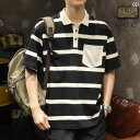 メンズ 男性用 ファッション オシャレ シンプル 大人 かっこいい ストリート ヒップホップ HipHop アメリカンン レトロ アイスシルク ポロシャツ 夏 半袖 T シャツ ルーズ カジュアル ストライプ T シャツ