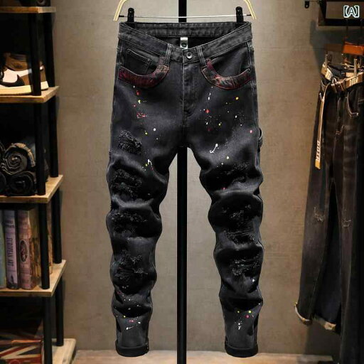 メンズ 男性用 ファッション オシャレ シンプル 大人 かっこいい ストリート ヒップホップ HipHop 黒 ジーンズ ハイ ストリート パッチ スプレーペイント 秋冬 ストレッチ スリムフィット メンズ 男性用 ファッション オシャレ シンプル 大人 かっこいい ストリート ヒップホップ HipHop 黒 ジーンズ ハイ ストリート パッチ スプレーペイント 秋冬 ストレッチ スリムフィット