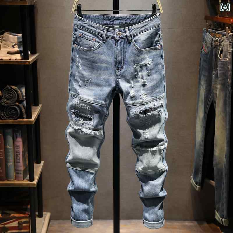 Rakuten - メンズ 男性用 ファッション オシャレ シンプル 大人 かっこいい ストリート ヒップホップ HipHop ジーンズ ストリート ブレイク 夏 薄手 ストレッチライト カラー スリムフィット パンツ