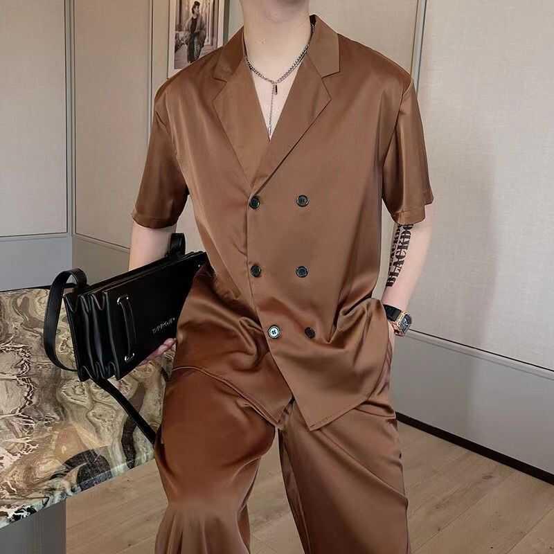 メンズ ファッション 服 用 オシャレ シンプル 大人 かっこいい 大きいサイズ ストリート 紳士服 夏 カジュアル スーツ 襟 シャツ サテン ハイエンド 冷感 ズボン
