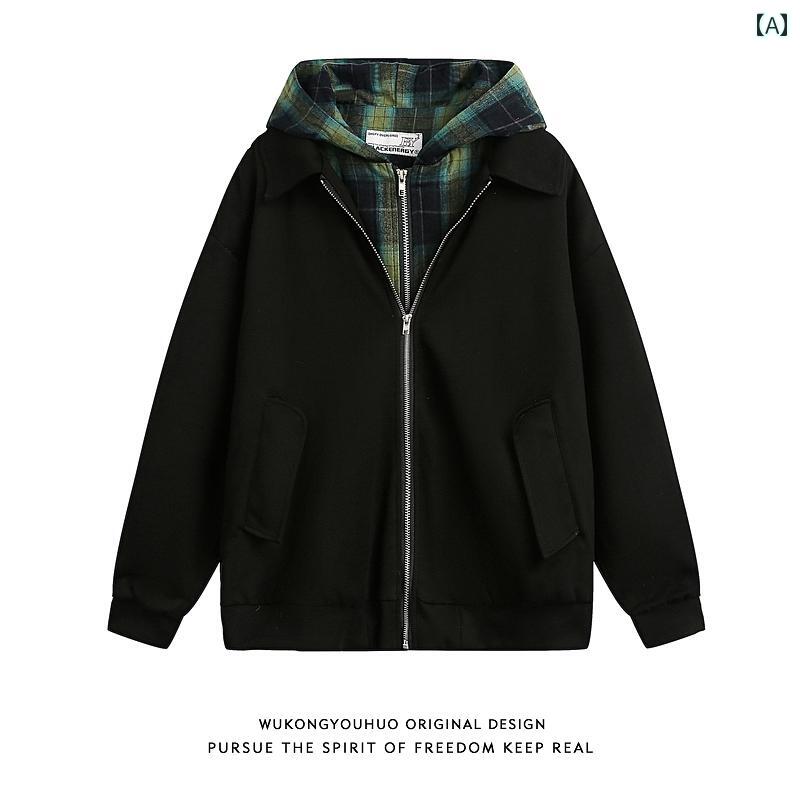 メンズ ファッション 服 用 オシャレ シンプル 大人 かっこいい 大きいサイズ ストリート 紳士服 レトロ チェック柄 フェイク ツーピース フード付き ジャケット コート