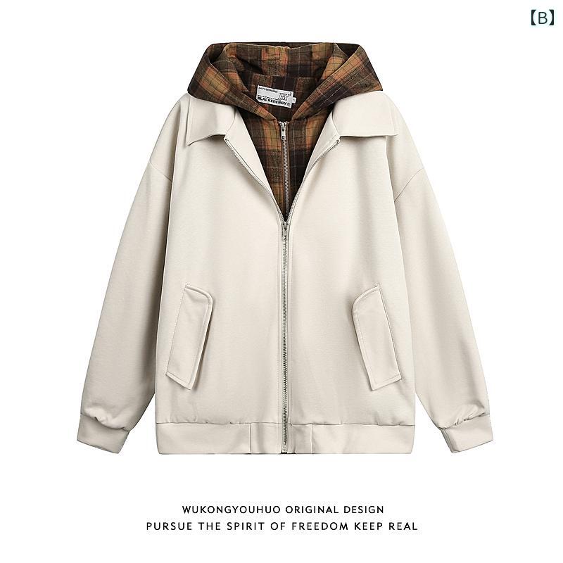 メンズ ファッション 服 用 オシャレ シンプル 大人 かっこいい 大きいサイズ ストリート 紳士服 レトロ チェック柄 フェイク ツーピース フード付き ジャケット コート