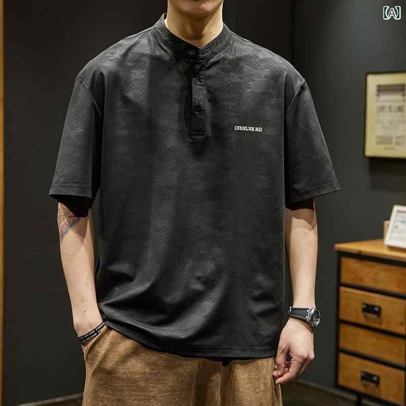 メンズ 男性用 ファッション オシャレ シンプル 大人 かっこいい ストリート ヒップホップ HipHop アイスシルク ポロシャツ 半袖 T シャツ 夏 アメリカンン 薄手 ヘンリー カラー 速乾 トップス