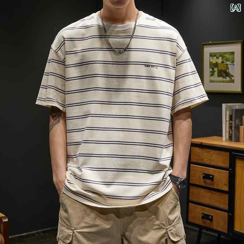Shirts, T-Shirts - メンズ 男性用 ファッション オシャレ シンプル 大人 かっこいい ストリート ヒップホップ HipHop アメリカンン ヘビーウェイト 260 グラム ストライプ 半袖 T シャツ 夏 ルーズ トップ 綿 コットン 半袖 ラウンドネック T シャツ