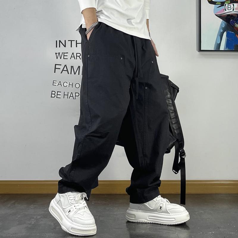 メンズ 男性用 ファッション オシャレ シンプル 大人 かっこいい ストリート ヒップホップ HipHop 春秋 ロギング パンツ ルーズ ストレート ストレッチ ウエスト リベット 装飾 アメリカンン レトロ ピュアコットン カジュアル パンツ