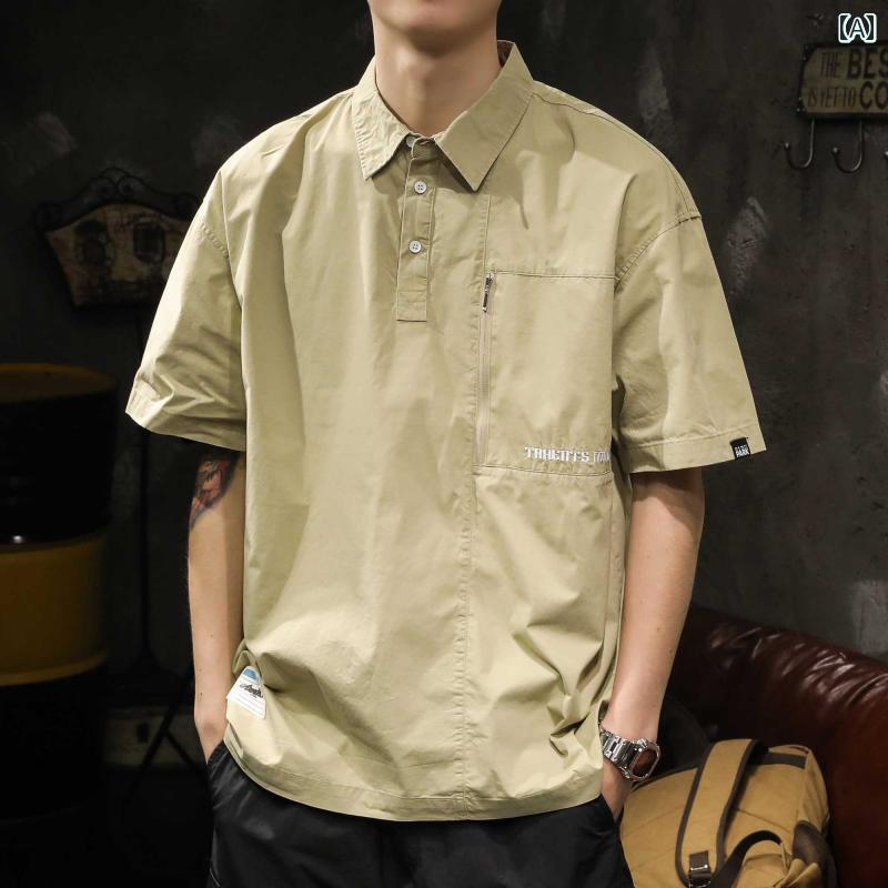 メンズ 男性用 ファッション オシャレ シンプル 大人 かっこいい ストリート ヒップホップ HipHop デザイン ポロシャツ 半袖 夏 カジュアル ポケット ワークシャツ 綿 コットン Tシャツ