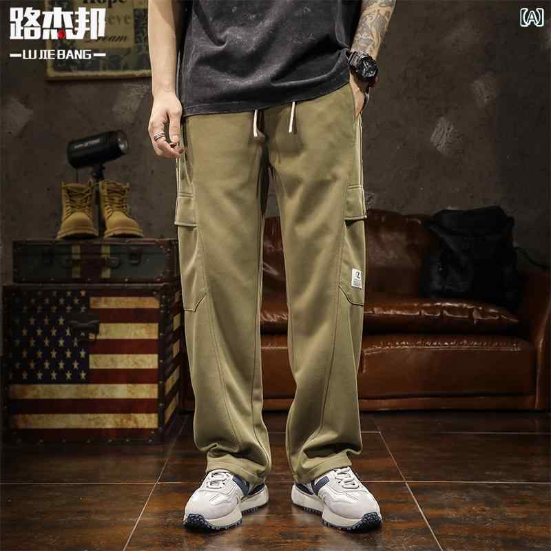 乐天商城 - メンズ 男性用 ファッション オシャレ シンプル 大人 かっこいい ストリート ヒップホップ HipHop アメリカンン アウトドア大きい ポケット 春秋 ルーズ ストレート ワイド レッグ レトロ カジュアル パンツ