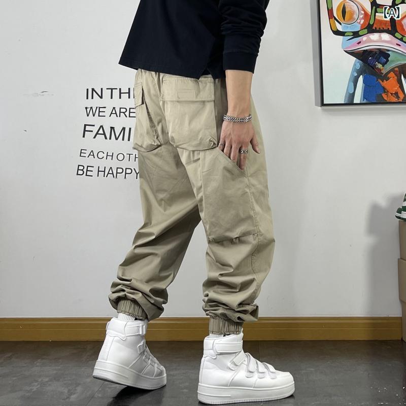 メンズ 男性用 ファッション オシャレ シンプル 大人 かっこいい ストリート ヒップホップ HipHop 夏 スタイル 無地 シンプル 薄手 通気性 カジュアル パンツ レトロ ルーズ レッグポケット 装飾